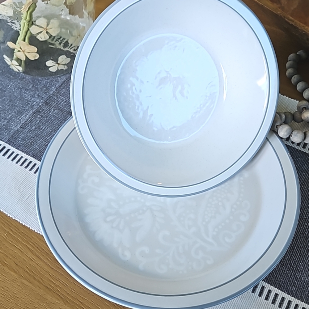 Korean Embossed 2p Stoneware Serving Bowl & Platter Set - Wellin Brocade Pattern - Picture 12 of 12